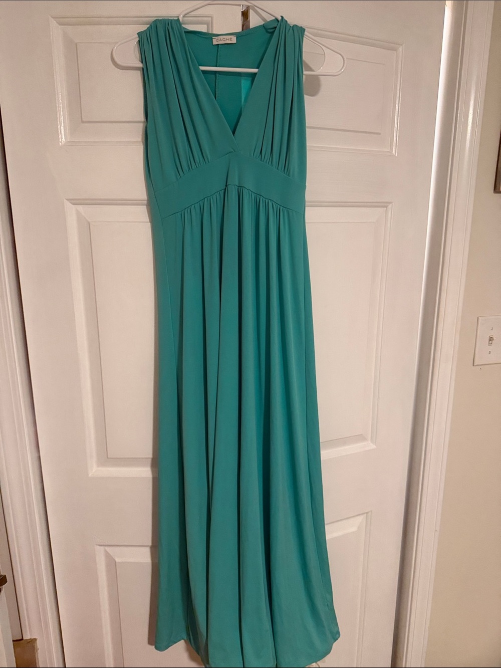 Cache Teal V-Neck Pleated Empire Maxi Dress